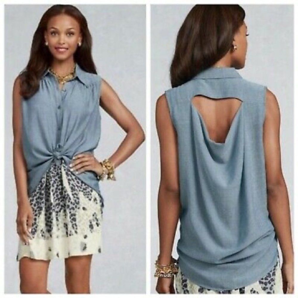 CAbi Chambray High Low Drape Back Blue Top Size XS